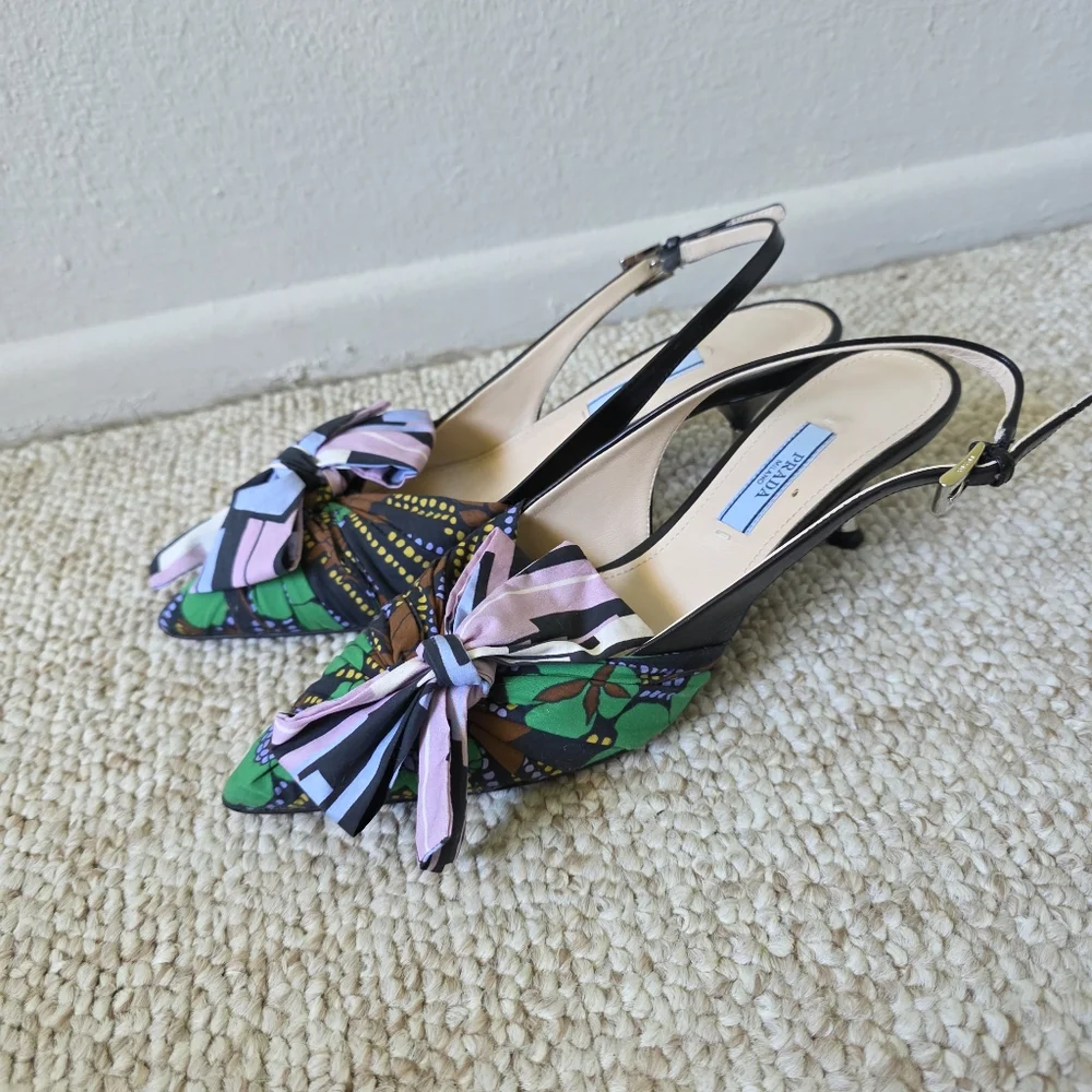 Prada Green And Purple Patterened Bow Kitten Heels Size 35.5 - Picture 2 of 9